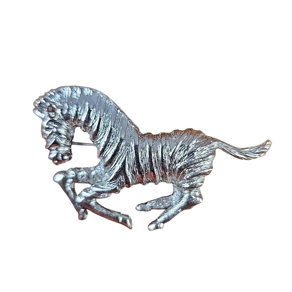 Vintage Silver Tone Galloping Zebra Brooch Textured Animal Figural Pin‎ 2.25"